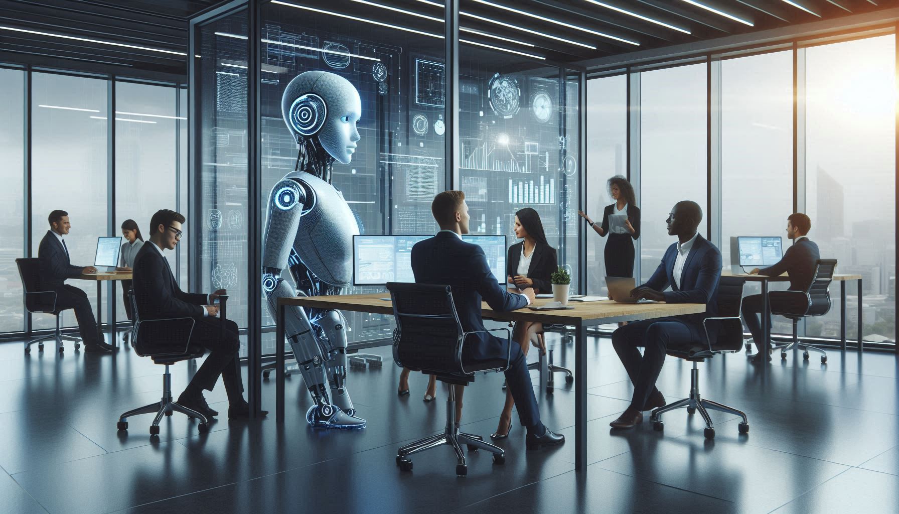 The image portrays a modern office where AI seamlessly collaborates with human professionals, showcasing AI's transformative power to innovate