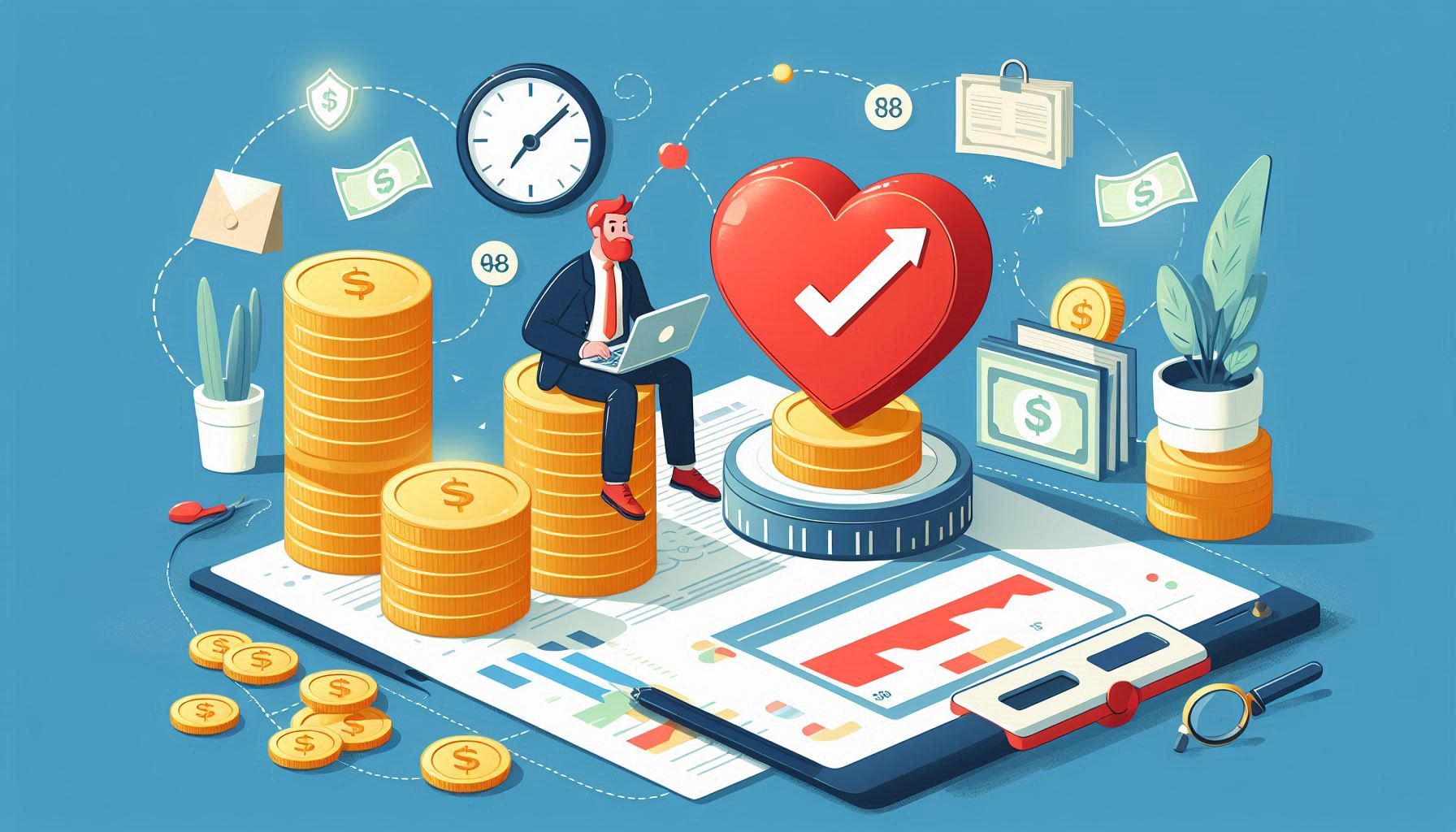 A business man in a suit is sitting on a pile of money saved from software testing. There is a red heart with an arrow pointing down next to the pile of coins.