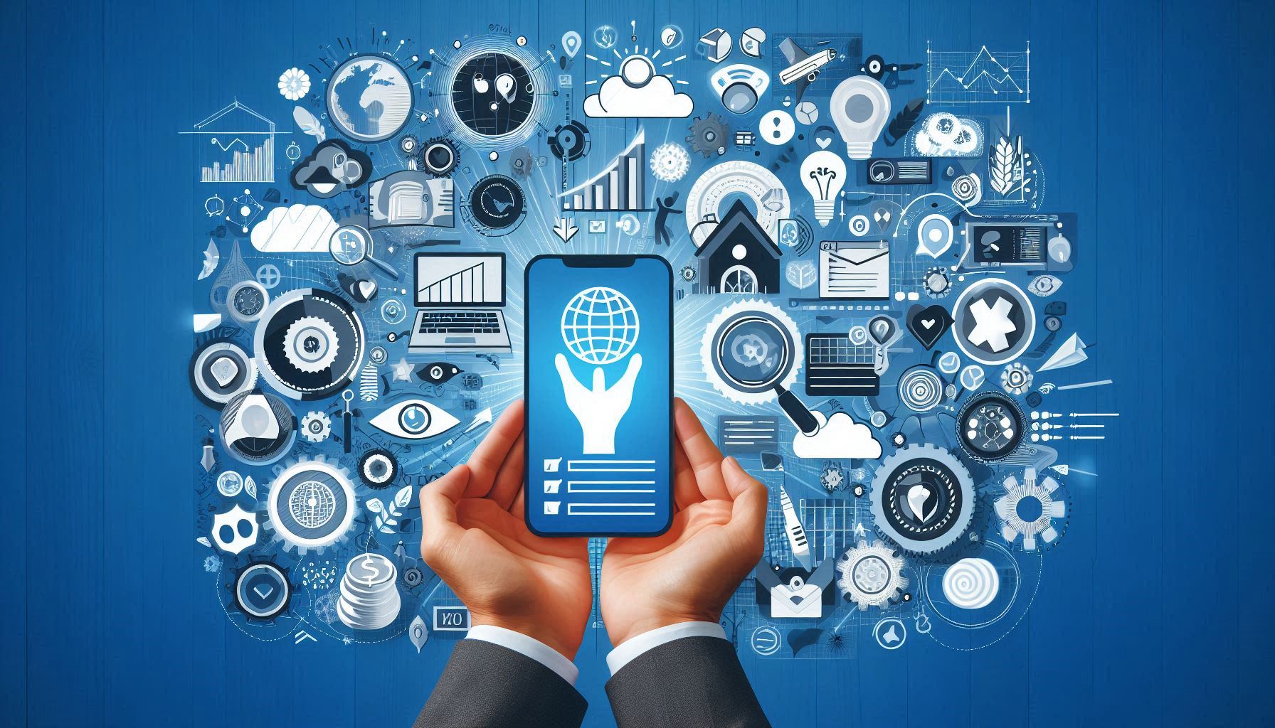 A pair of hands holding a smartphone with a globe icon on the screen, surrounded by various digital icons and symbols representing technology, innovation, and global connectivity