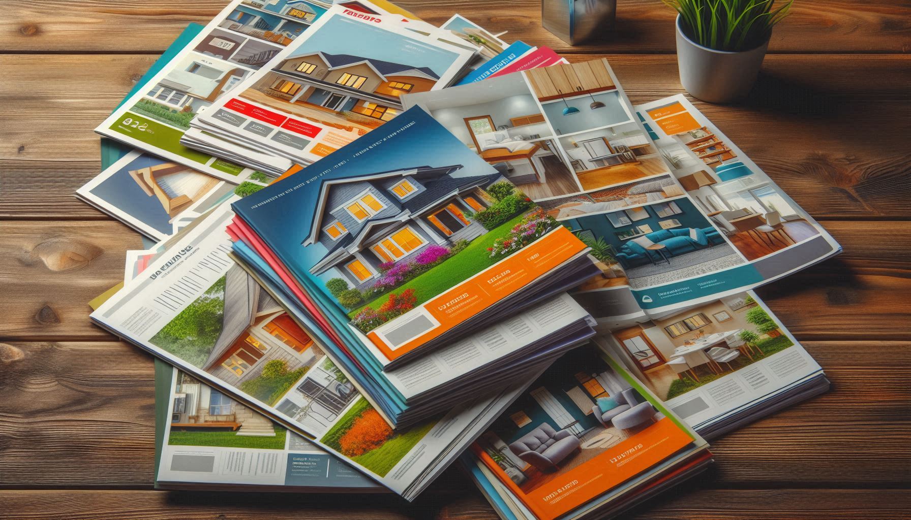 A stack of real estate brochures on a wooden table