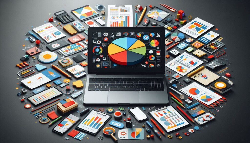 A silver laptop computer with a black keyboard is open on a desk. The laptop screen displays a pie chart. Office supplies including a pen, pencil, highlighter, and stapler are scattered around the laptop