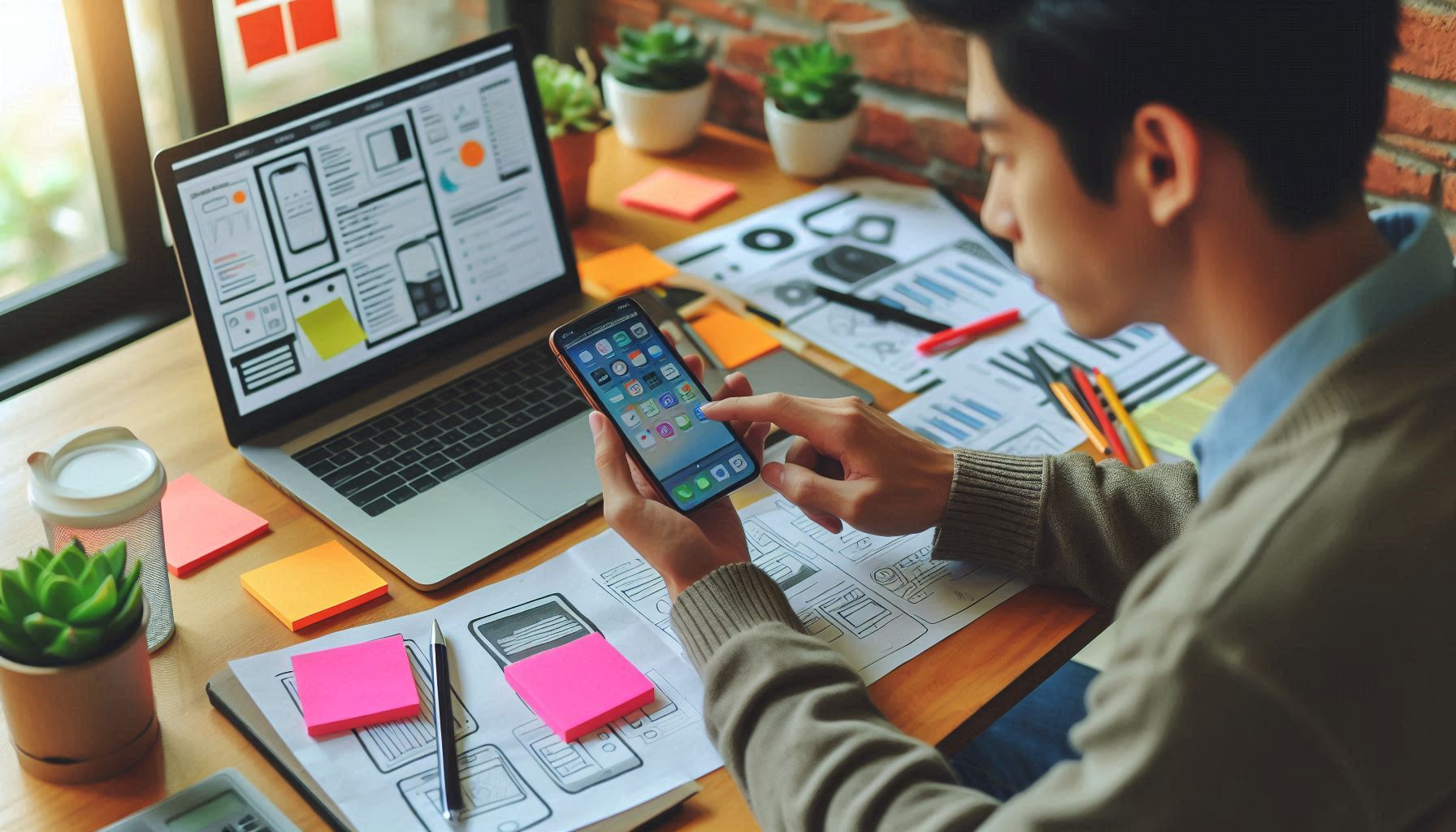 a person working on mobile app UX design. The individual is sitting at a desk with various design sketches and wireframes laid out.