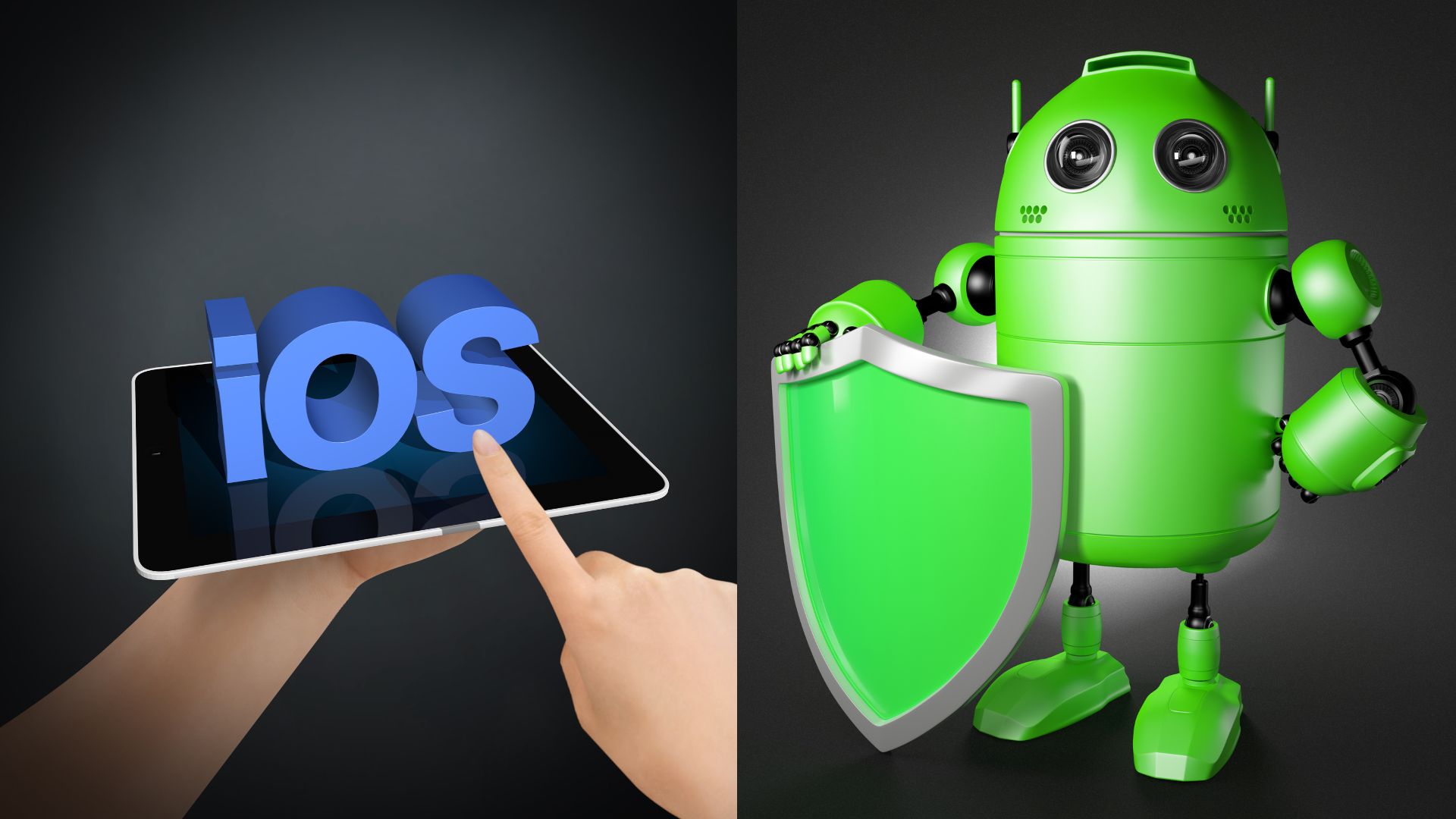 A person holding a tablet labeled "iOS" next to a green robot holding a shield. The later represents Android OS