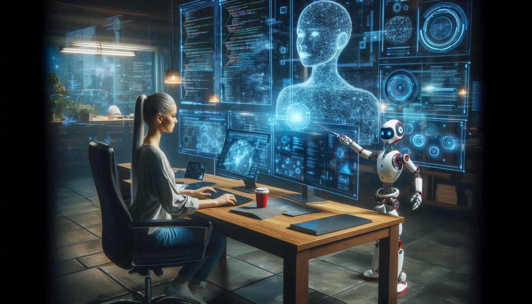 a female software engineer works at her desk surrounded by multiple holographic displays showcasing complex data and code. A small humanoid robot stands beside her