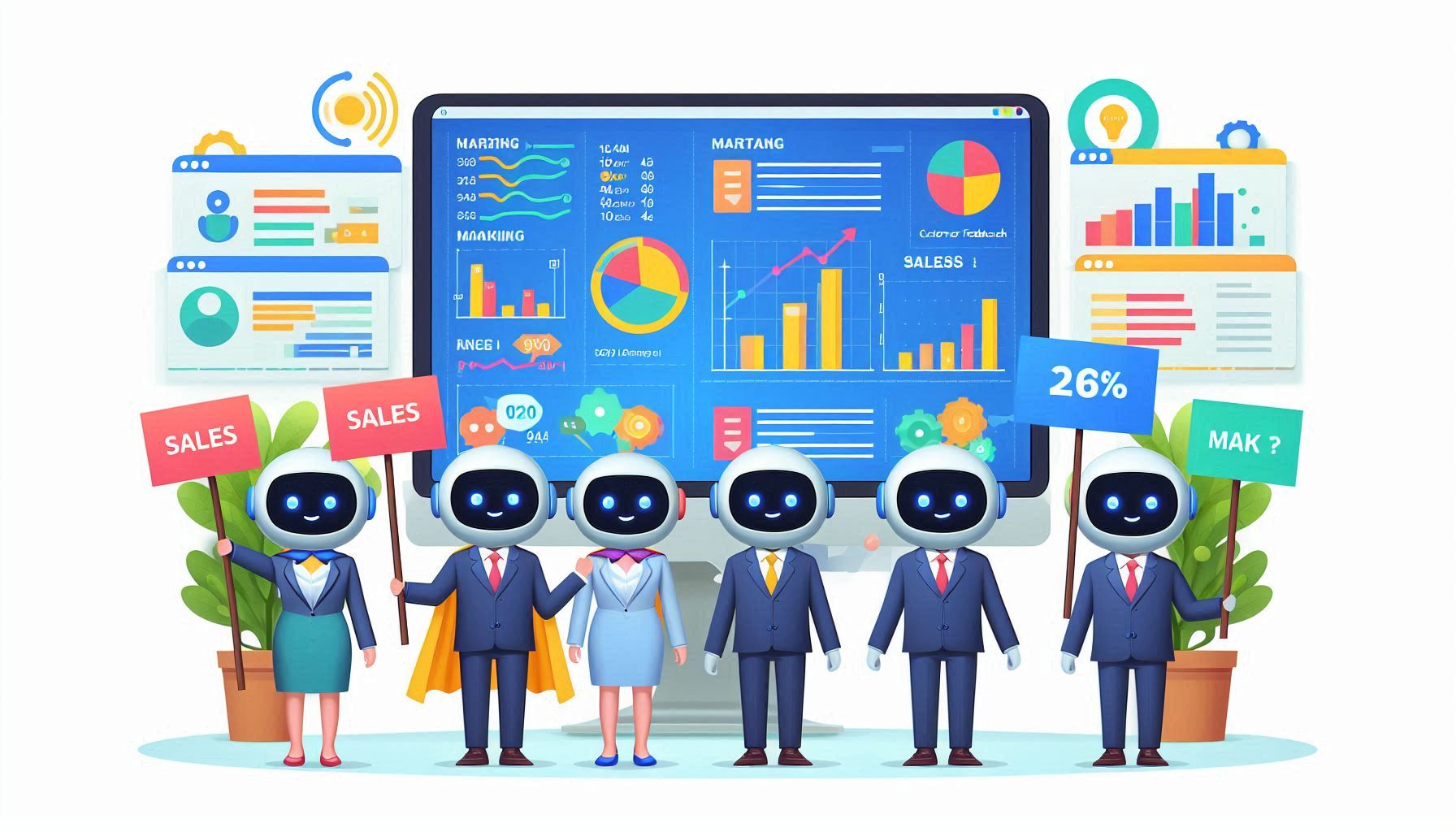 This image depicts a group of cartoon robot characters standing in front of a large digital dashboard or analytics screen