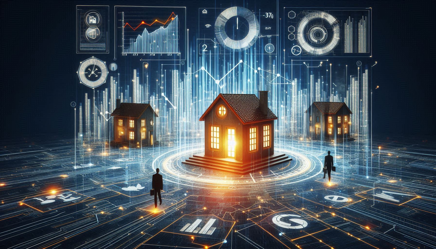 This image depicts a futuristic visualization of the real estate or property technology industry