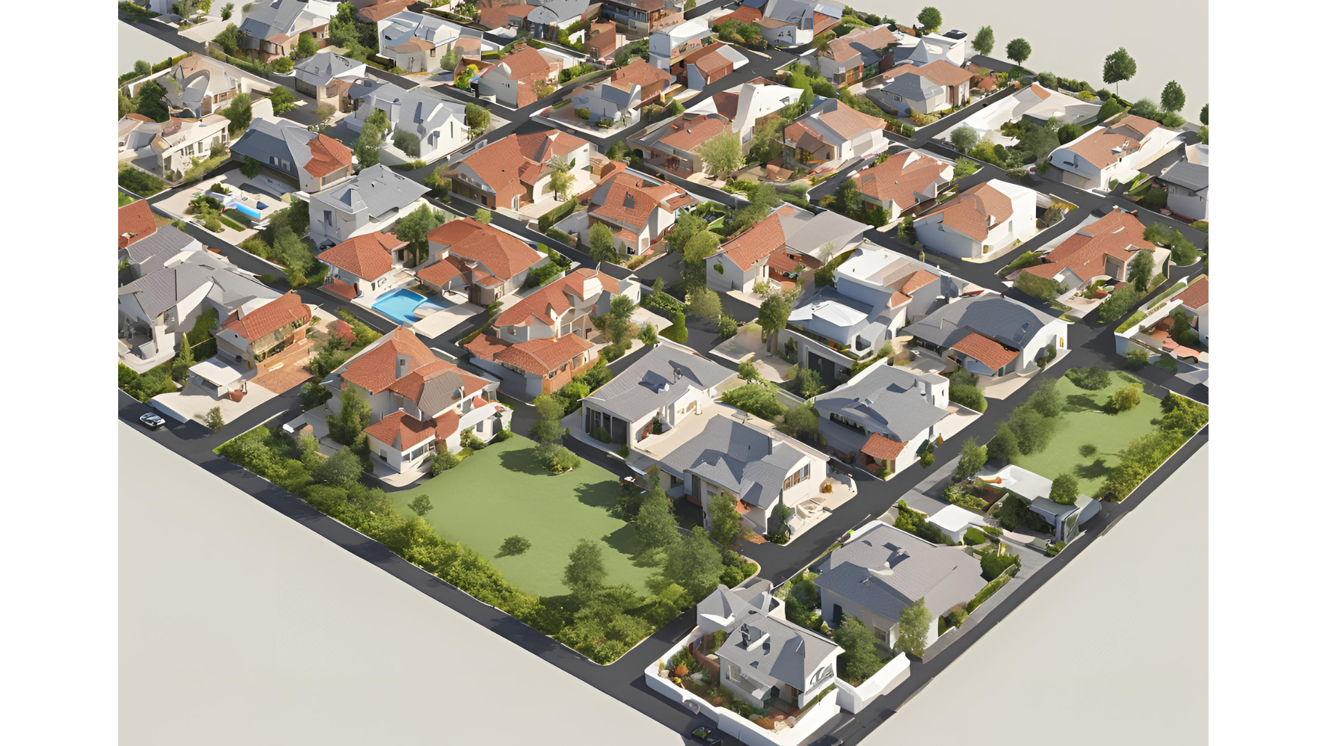 The image shows an aerial view of a suburban residential neighborhood. It appears to be a 3D rendered or computer-generated model of a typical American suburb