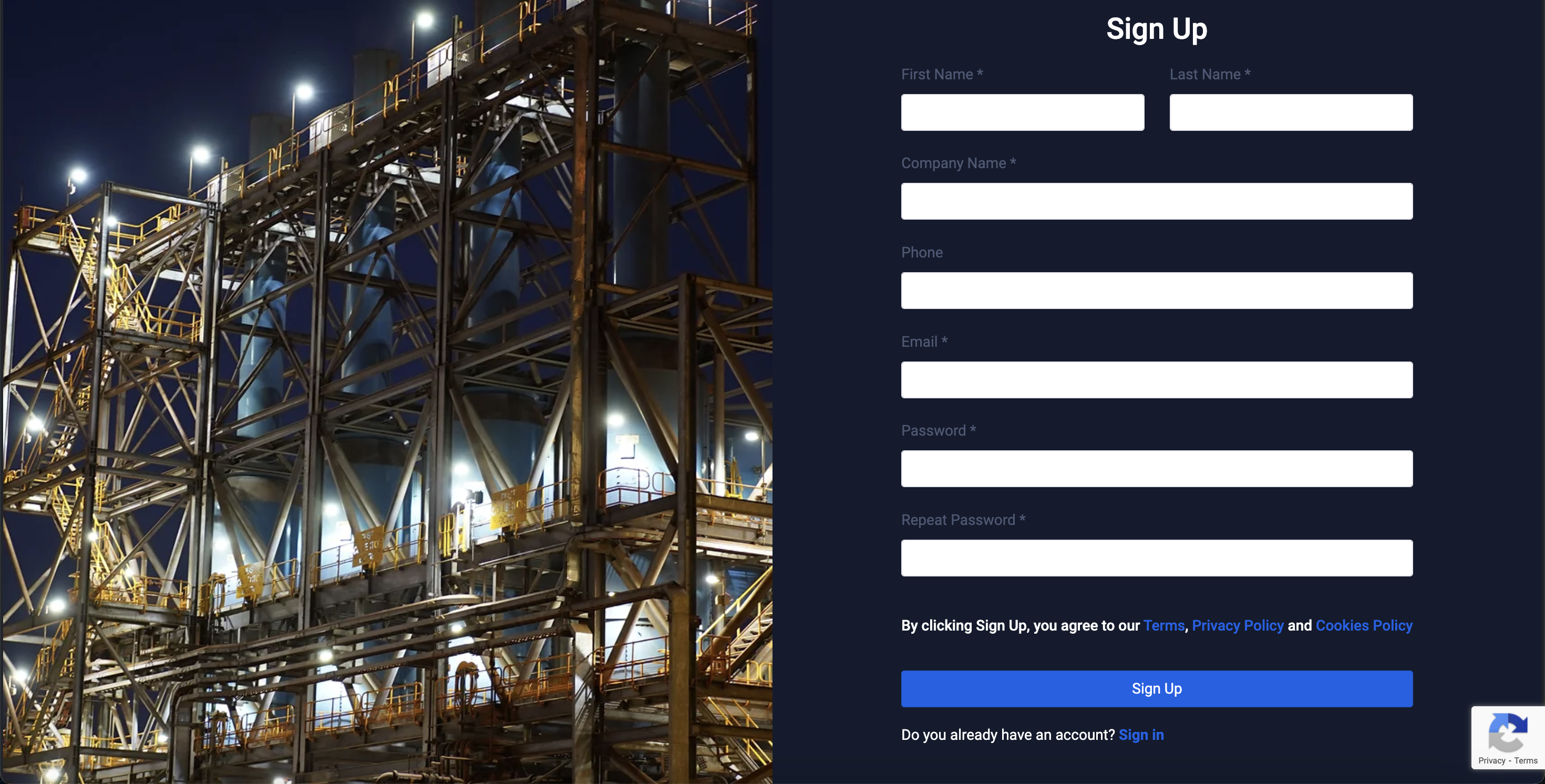 the sign up page for the Asset Integrity Management in the Mining application