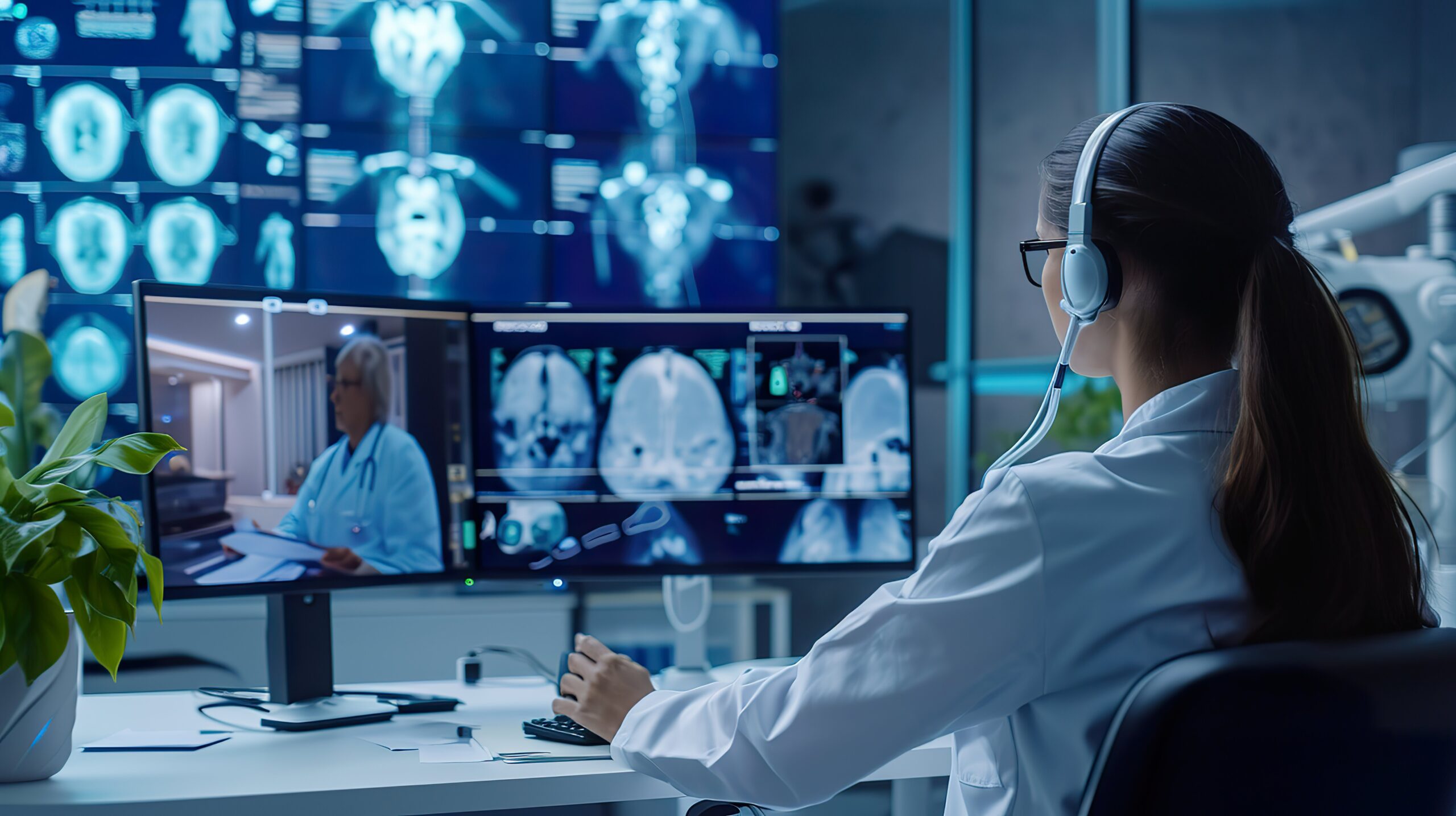 "AI in healthcare: A doctor in a lab coat uses advanced AI technology to analyze brain scans on multiple monitors.