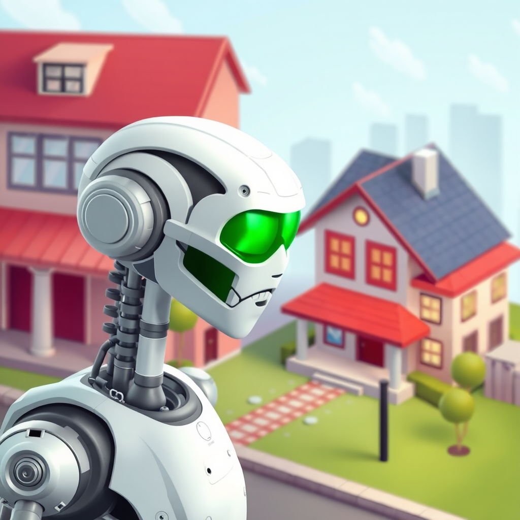 A white robot with green eyes stands on a city street, looking at a row of houses. The robot represents the potential of AI in real estate