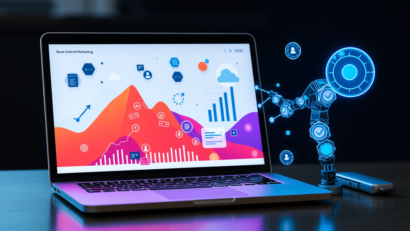 AI-powered robotic arm interacting with a laptop displaying data visualizations, symbolizing the use of AI tools for strategic B2B marketing