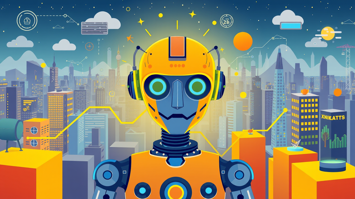 A friendly robot stands in a futuristic cityscape, symbolizing the power of AI in revolutionizing B2B marketing strategies