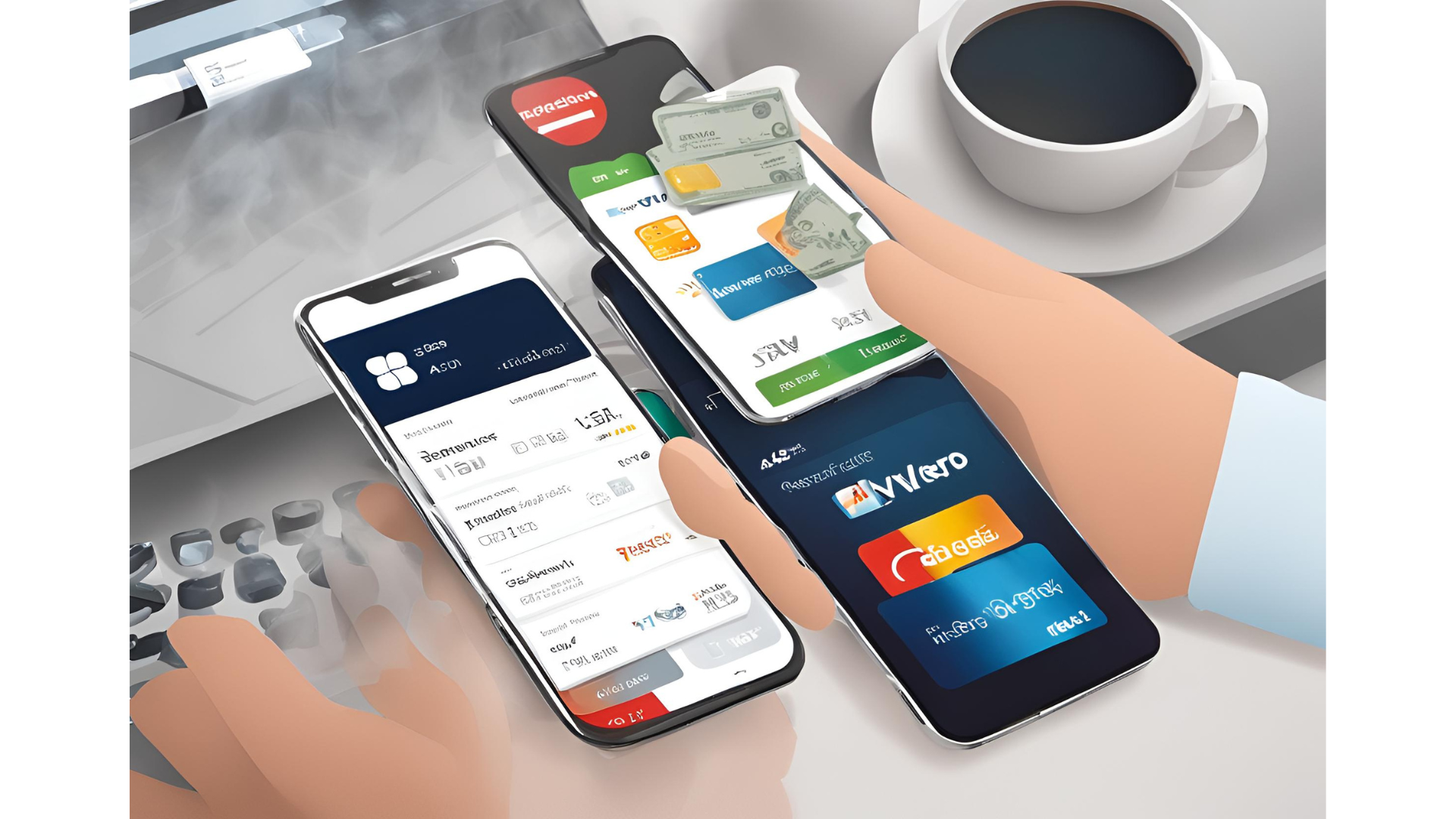 Illustration of hands holding smartphones with screens displaying various credit card payment gateway providers