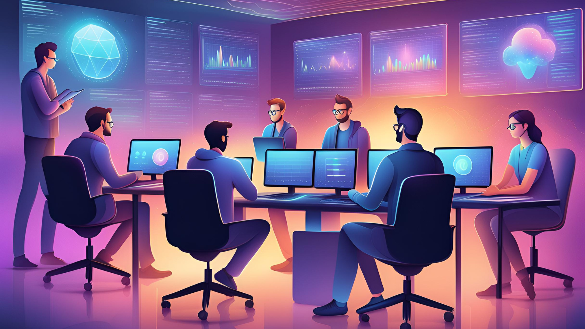 The image appears to depict a team of software developers working together in a futuristic, high-tech office environment