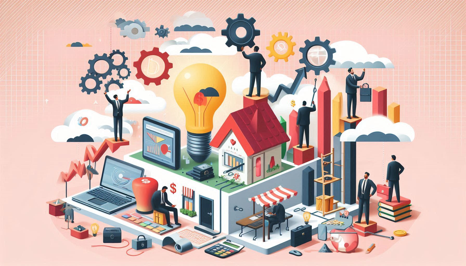 A vibrant illustration depicts a busy scene filled with various elements related to marketing software products