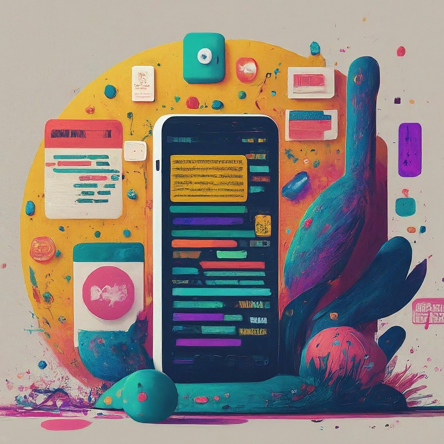 A vibrant illustration of a mobile app development process, featuring a smartphone with code on its screen surrounded by colorful shapes, icons, and design elements