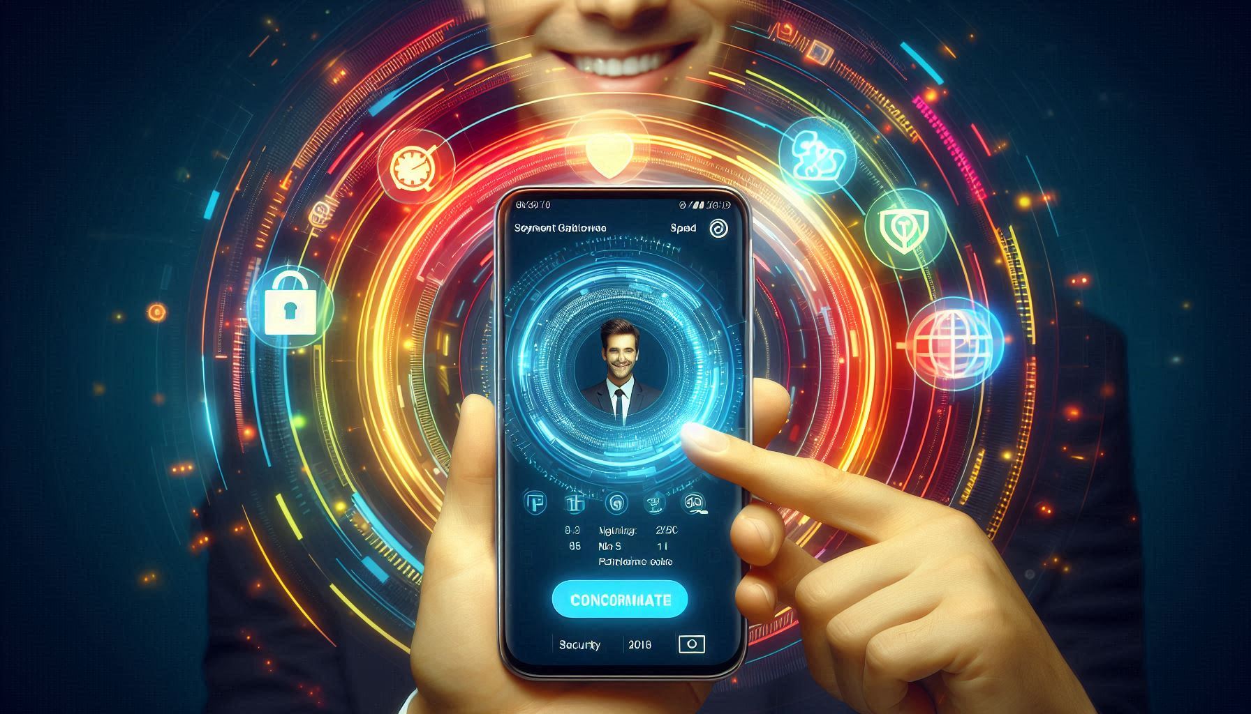 This image depicts a futuristic, high-tech concept of a smartphone interface