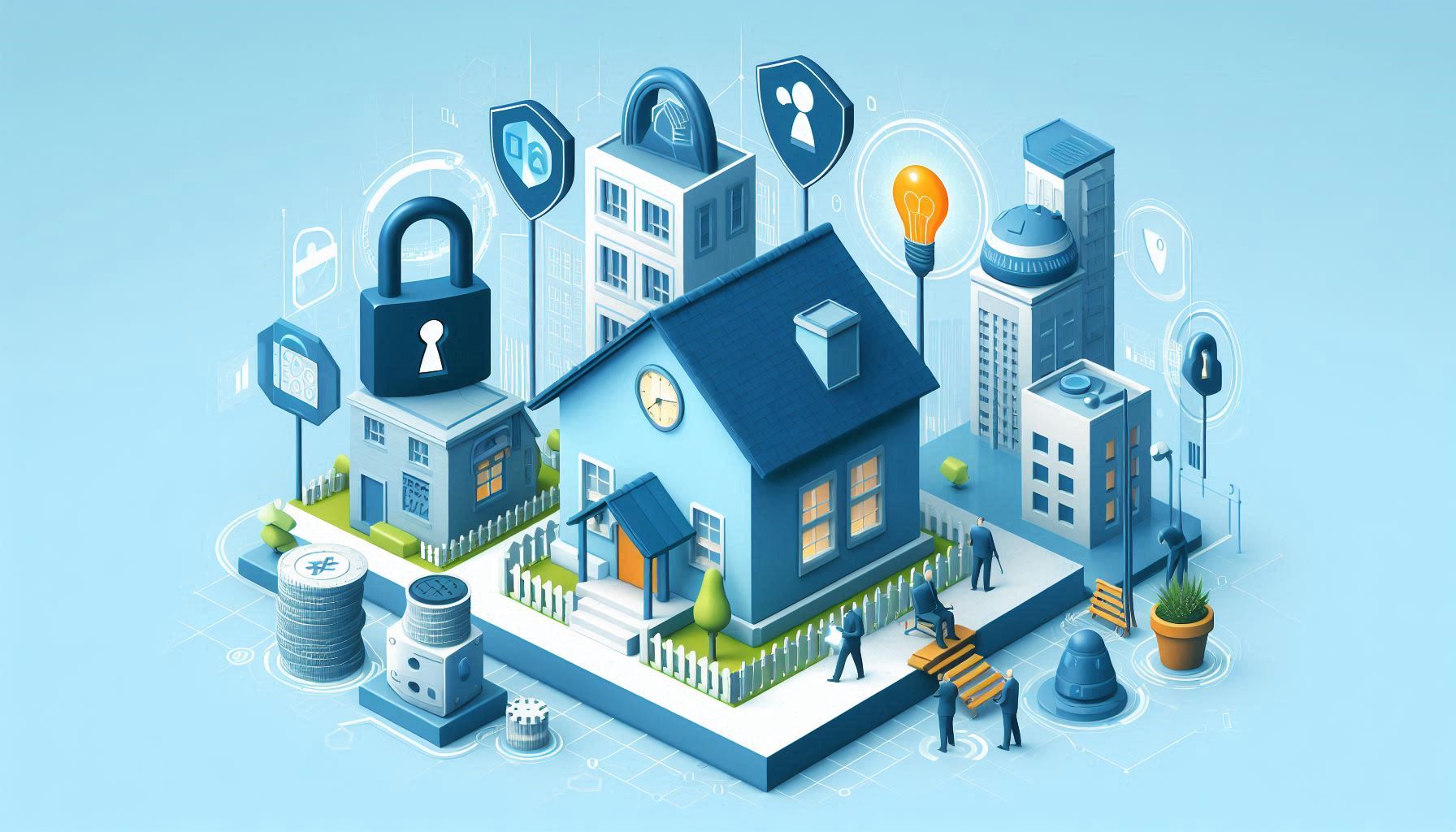 A 3D isometric illustration depicting a house with a clock on its facade, surrounded by various symbols of security, technology, and finance.