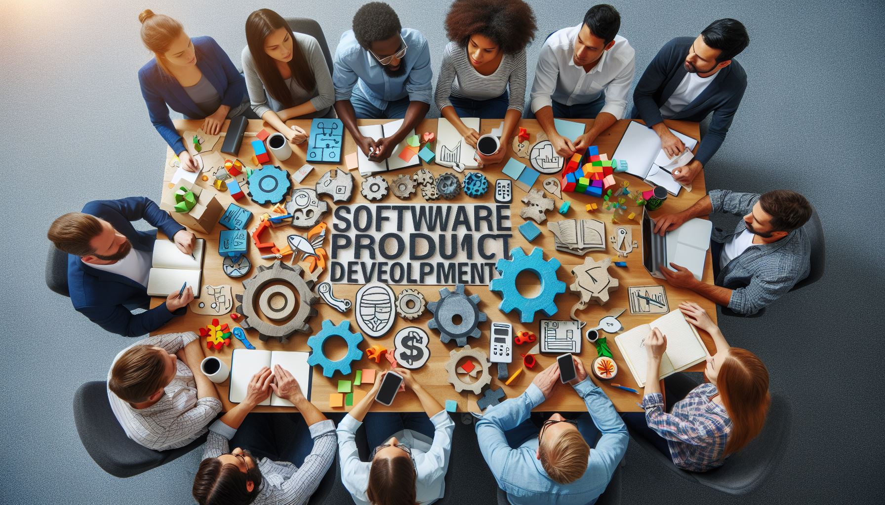 a group of diverse professionals gathered around a table with the text "Software Product Development" prominently displayed in the center.