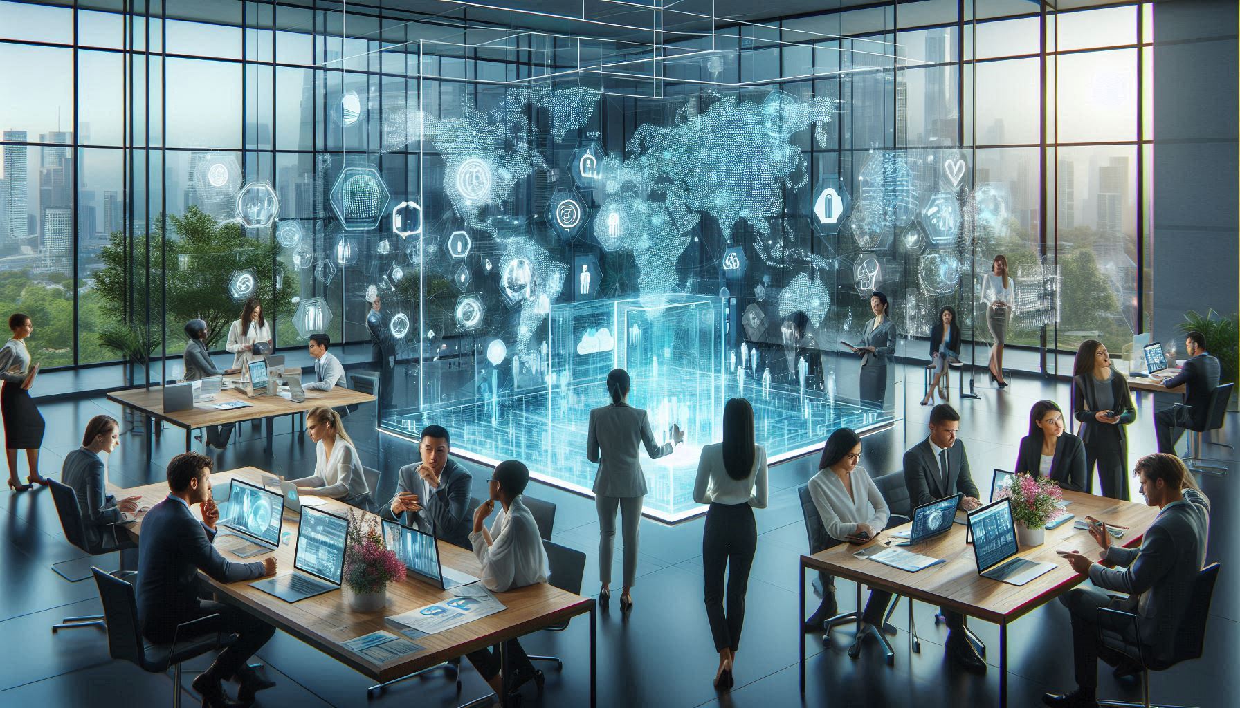 The image you’ve uploaded showcases a modern office environment where employees are engaged in various tasks, supported by advanced digital interfaces and data visualizations