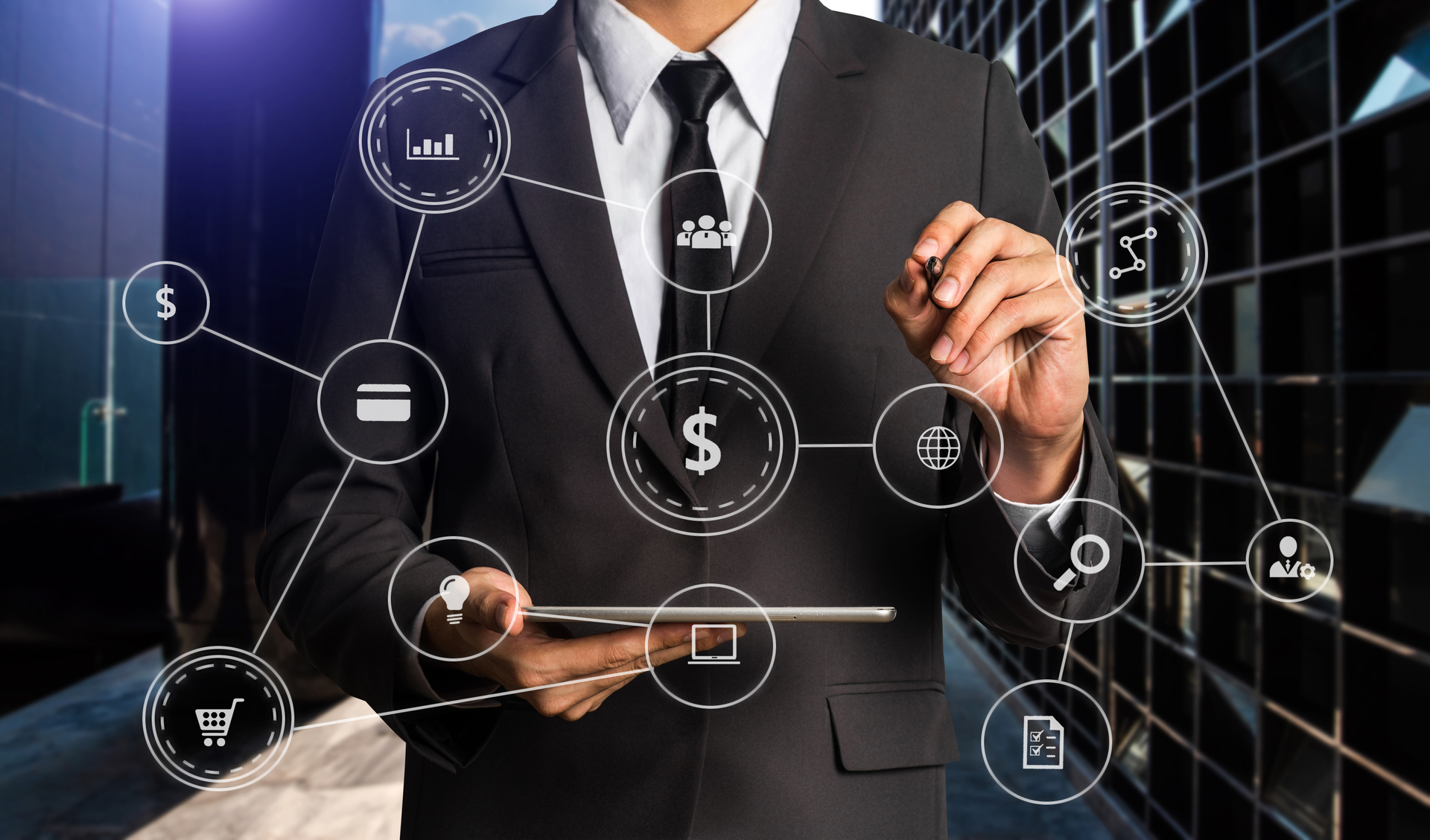 The image depicts a professional in a suit interacting with virtual icons representing financial and business tools.