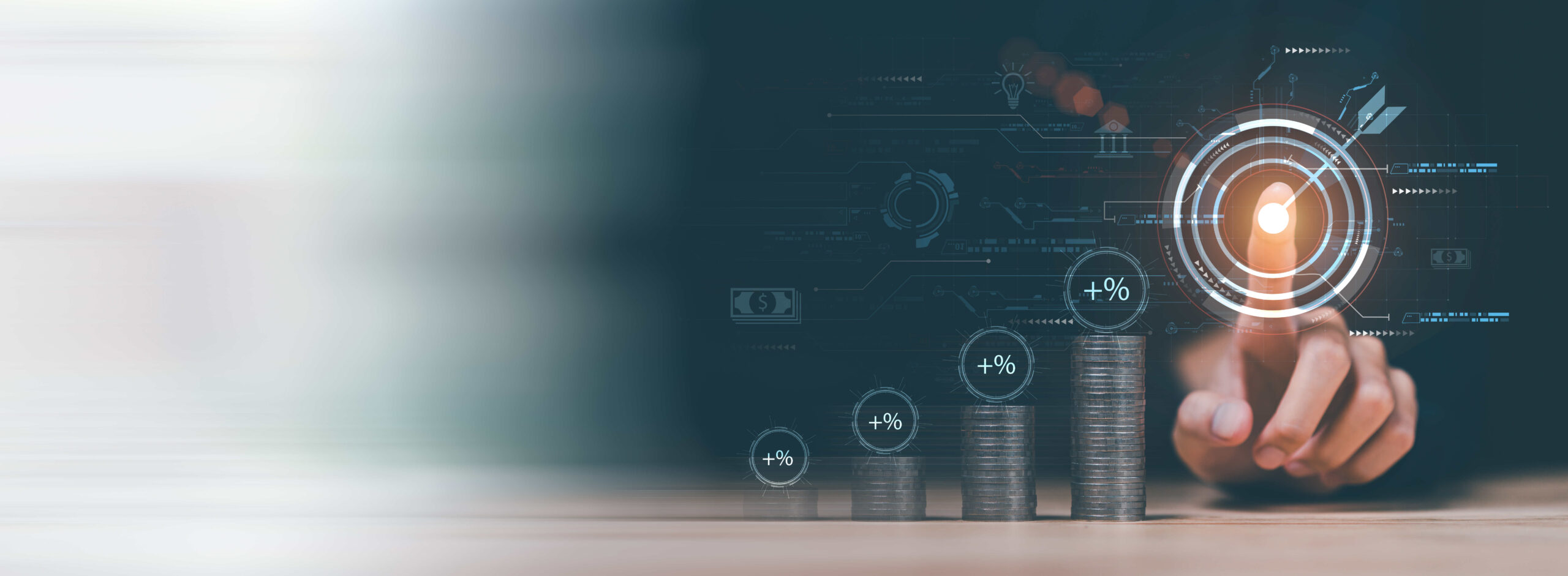 A hand pointing at a glowing target above a stack of coins, representing the positive return on investment (ROI) of software implementation.