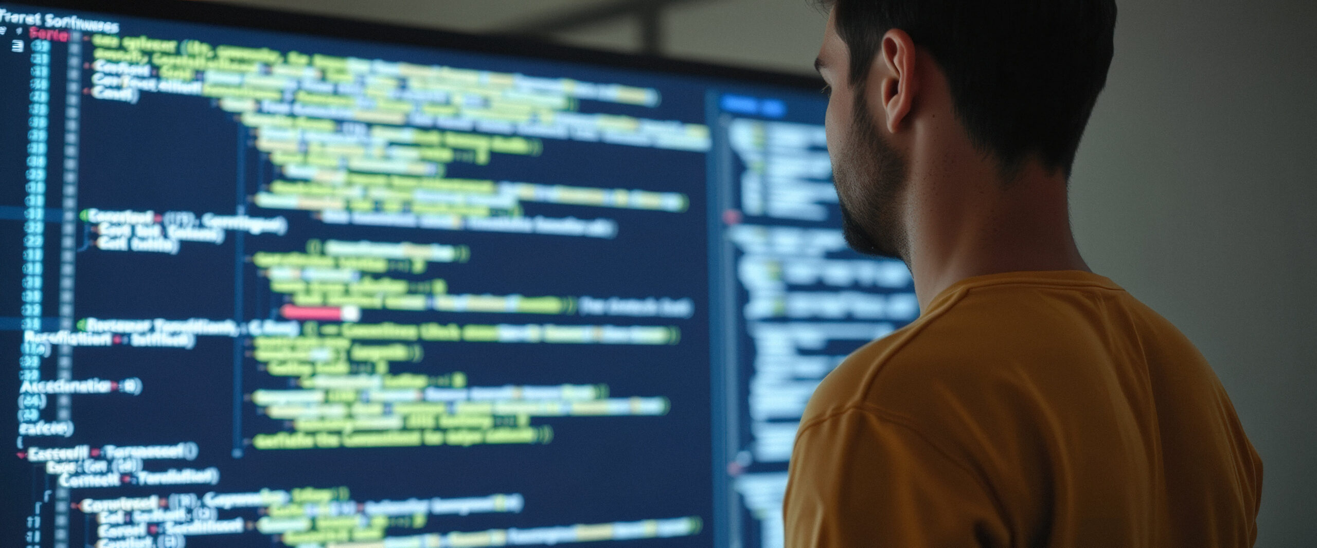 image shows a person looking at a screen filled with lines of code