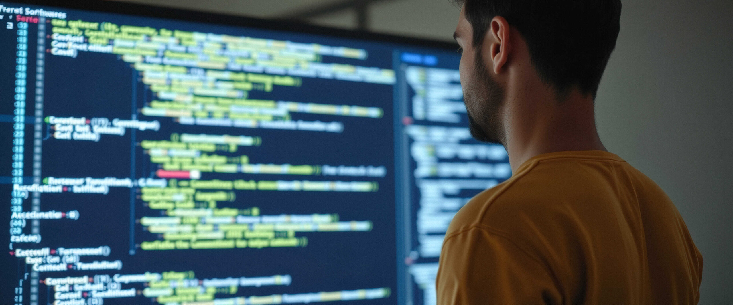 An individual concentrating on a large screen displaying complex code, representing the precision and focus involved in nearshore software development