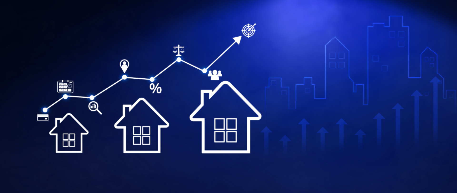 A digital illustration on a blue background featuring a white line graph with an upward trend, intersecting with icons representing various aspects of real estate sales.