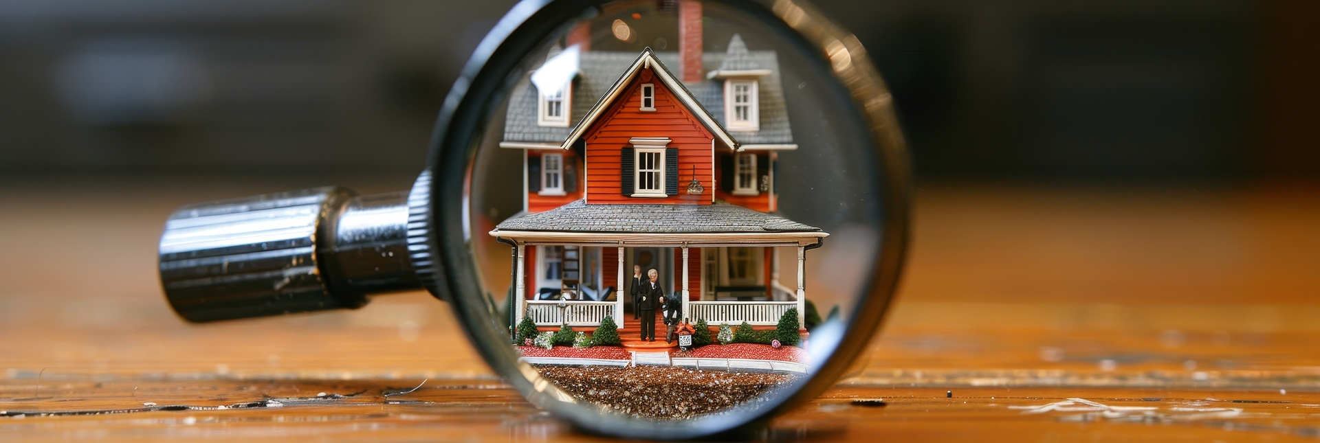 A model house under a magnifying glass, representing real estate