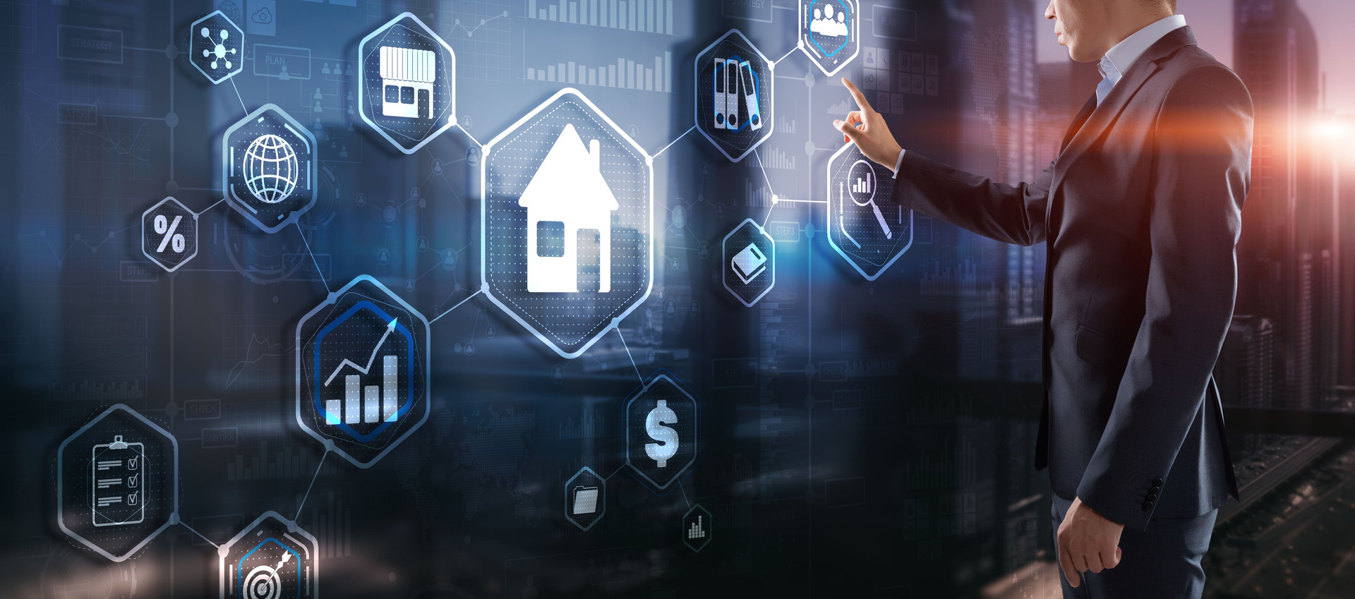 A business professional interacts with futuristic digital icons, including graphs and real estate symbols, highlighting the role of technology in enhancing the accuracy of Automated Valuation Models (AVM) for property assessments.