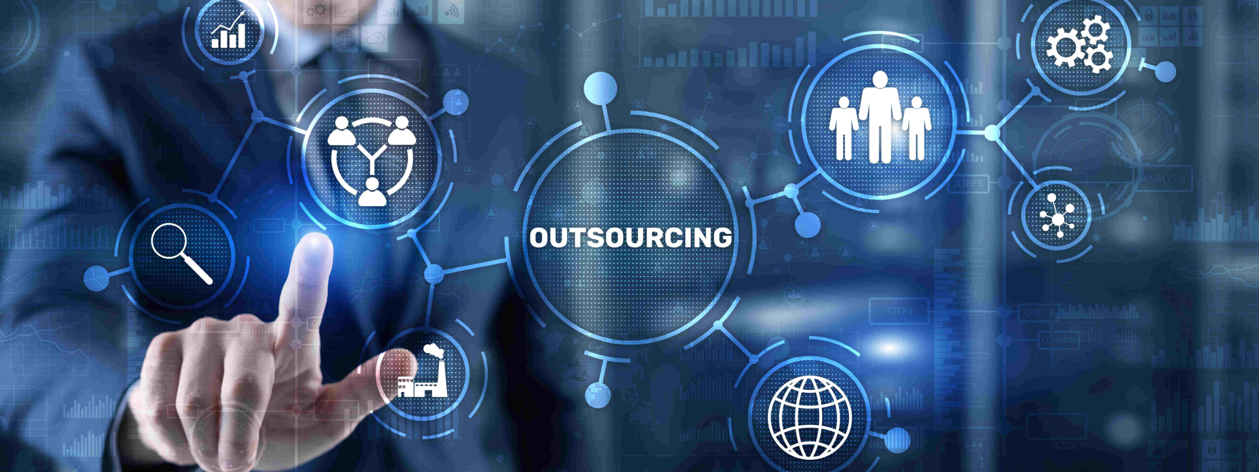 image depicts a businessman interacting with a digital interface that displays the word "Outsourcing" surrounded by various interconnected icons.