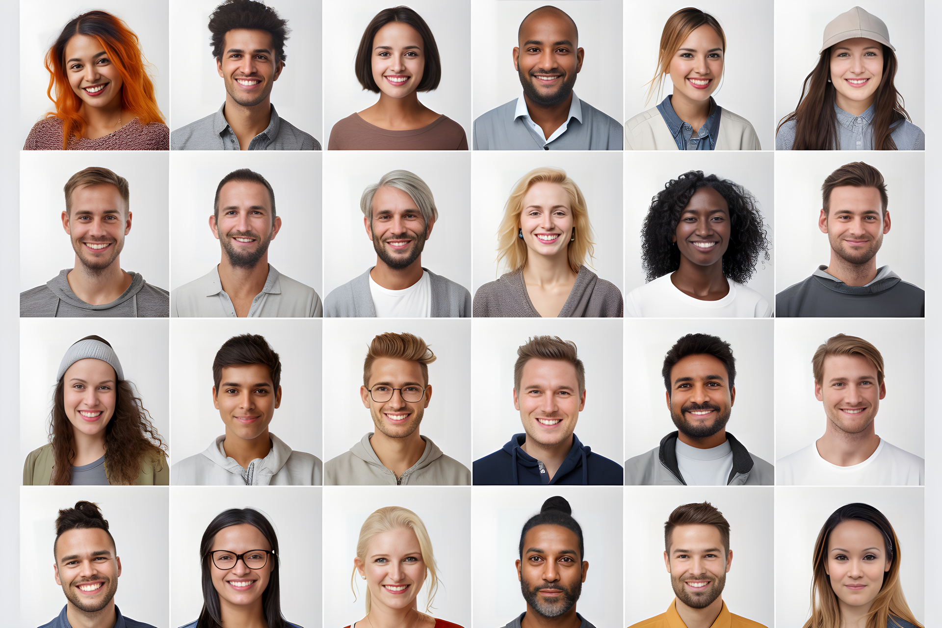 The image shows a grid of portrait photographs featuring diverse individuals smiling at the camera. It appears to be a collection of headshots, possibly for a company or organization website