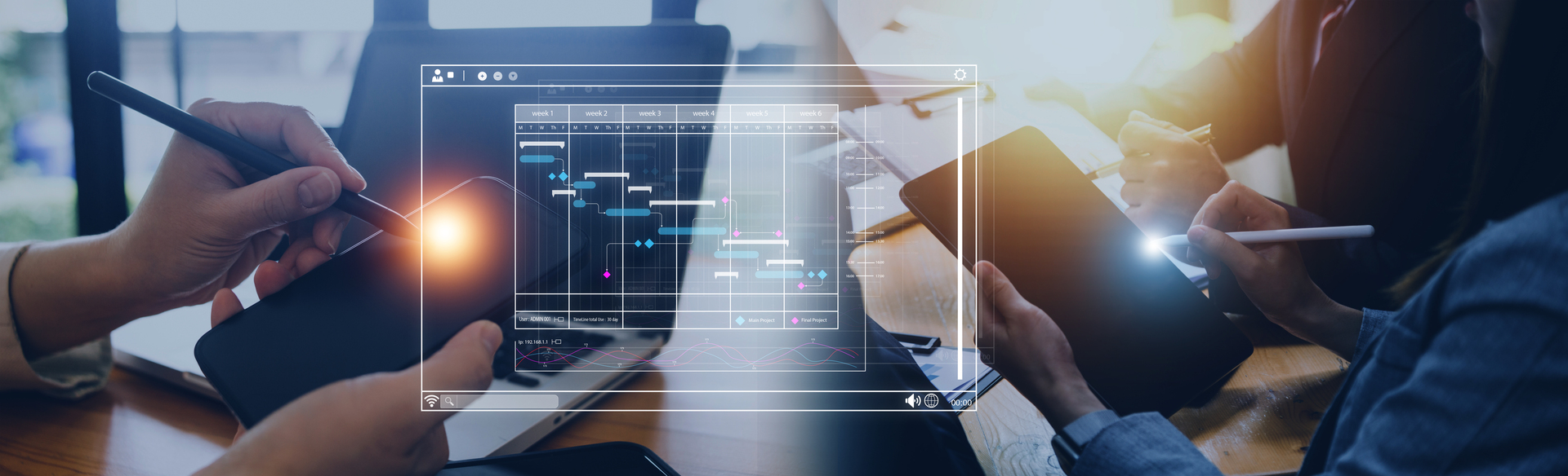 A digital project management interface displaying a Gantt chart with project deliverables is overlaid on a photo of people using tablets and styluses in a collaborative workspace.