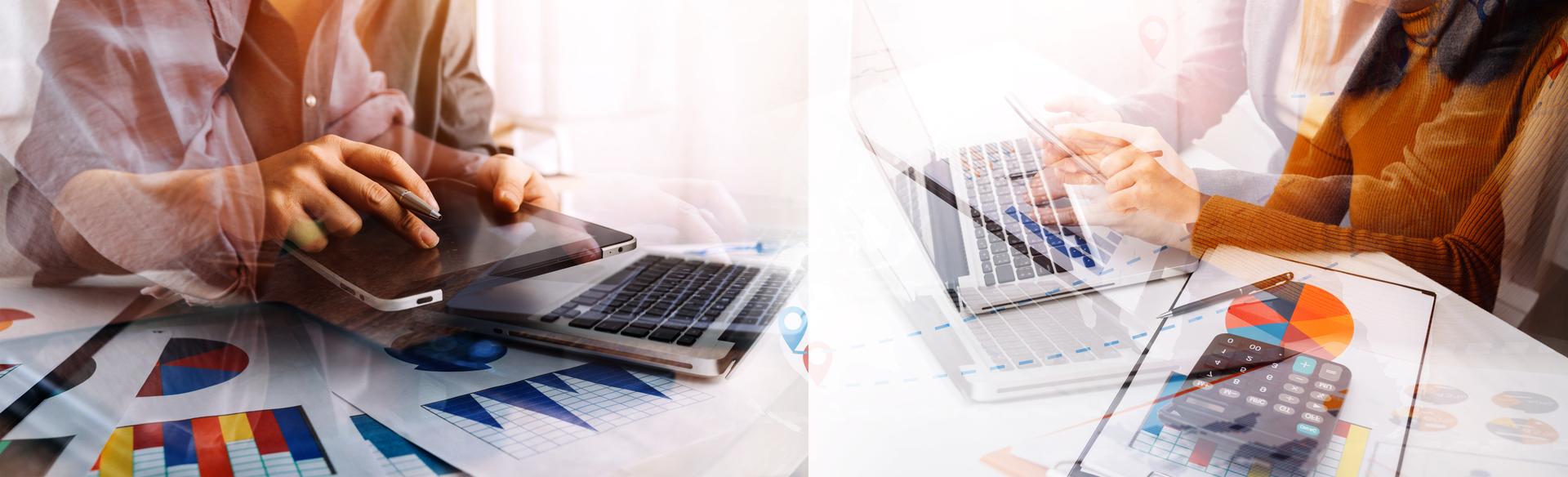 The image contrasts wireframe and prototype stages in design, showing hands interacting with digital devices and charts. The left side represents wireframing with basic graphs, while the right side illustrates prototyping with detailed charts and a calculator.