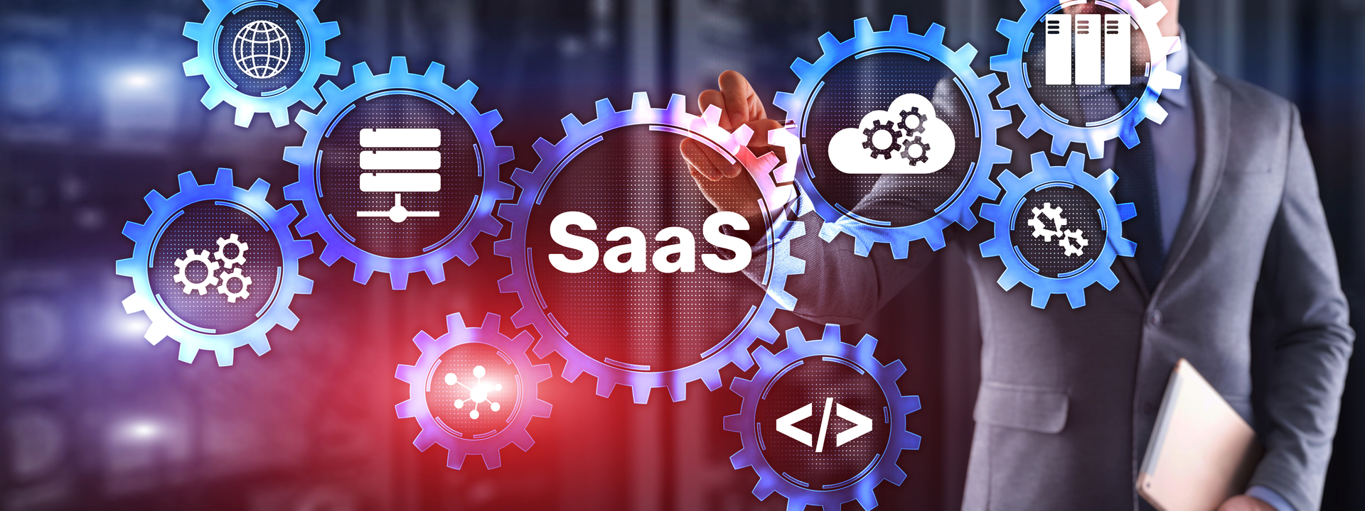 SaaS marketing websites concept illustrated with interconnected gears displaying various icons such as cloud computing, coding, and data storage, highlighting the integration and functionality of SaaS solutions.