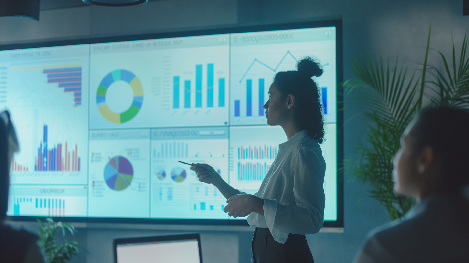 A professional setting with individuals analyzing sales data presented through various charts and graphs on a digital screen, illustrating the application of AI in enhancing sales strategies and decision-making.