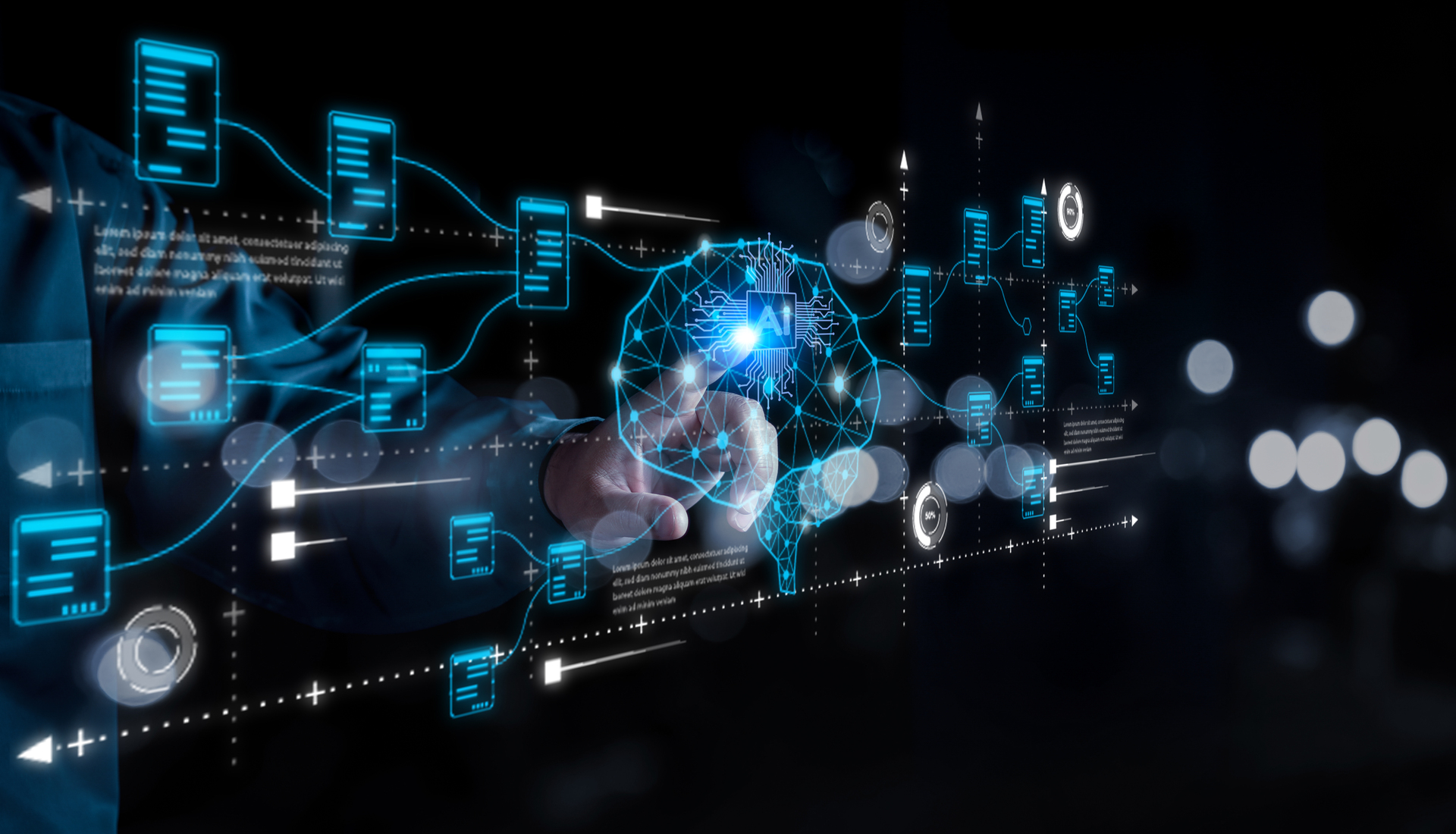 A hand interacts with a neural network visualization, representing the complex process of gathering and analyzing data for product discovery.