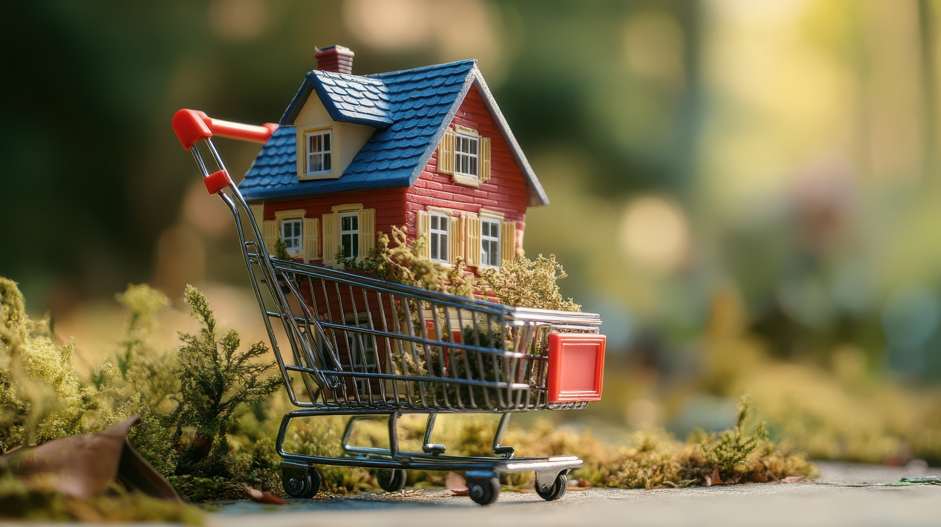 A house model in a shopping cart, symbolizing the process of buying a home and the role of online searches.