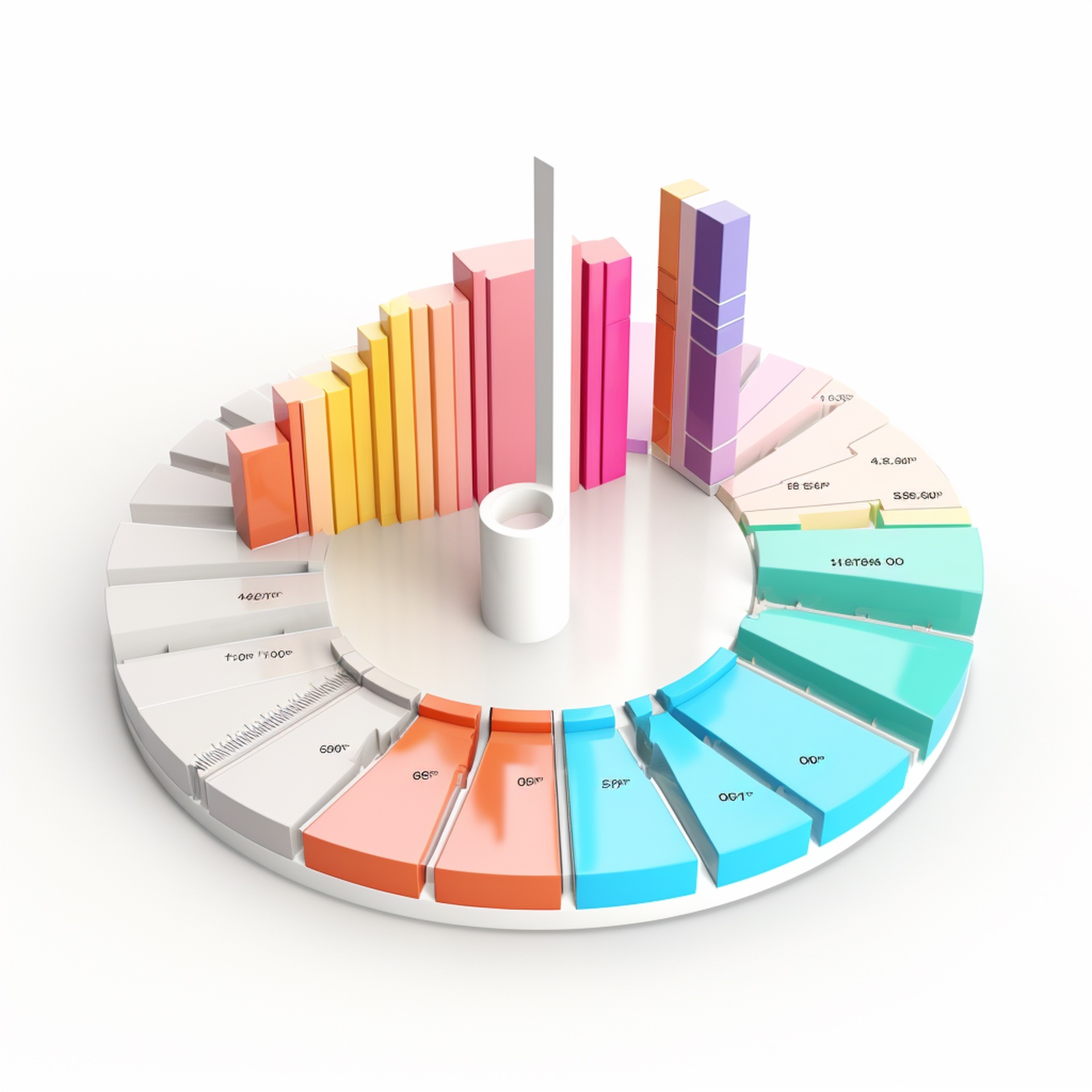 Visual representation of a sales cycle. The circular chart illustrates different stages, with bar heights showing progress. The central bar highlights the total cycle duration.