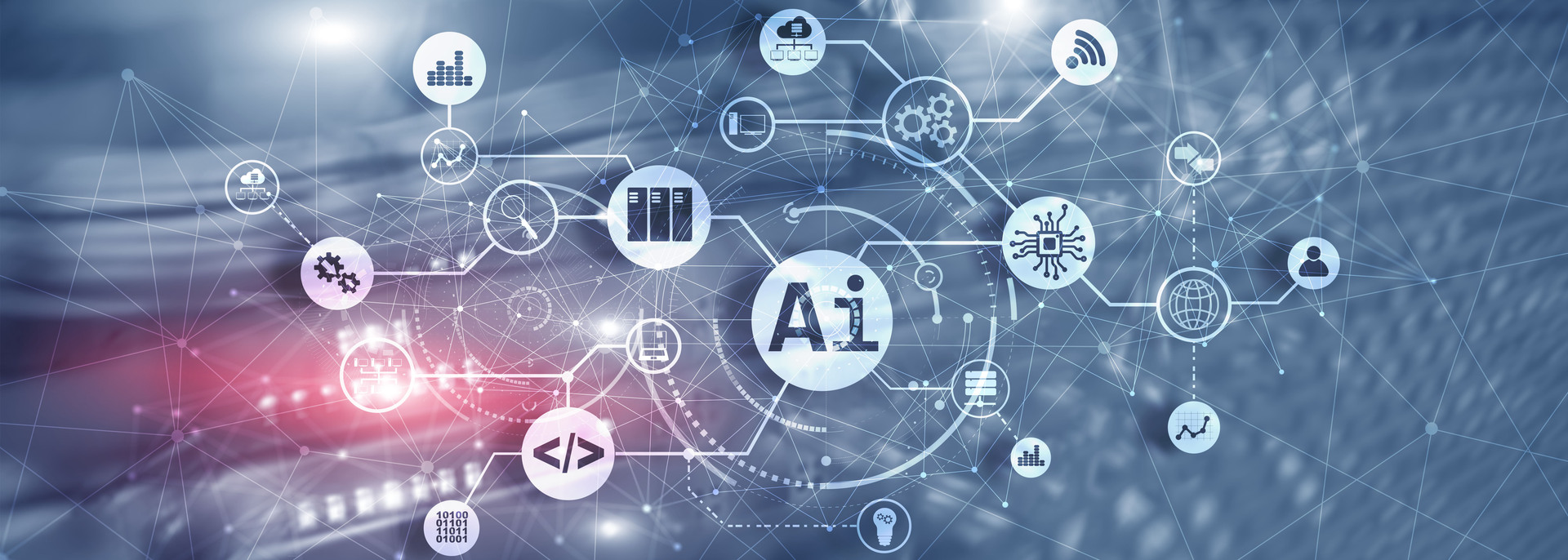 A complex network of icons representing AI technologies surrounds the letter "AI". This image symbolizes the need for usability testing to ensure AI systems are user-friendly and accessible.