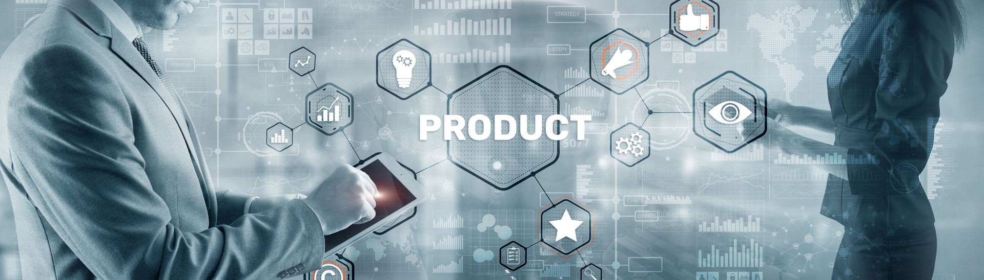 Digital interface illustrating a Product Discovery Framework, highlighting key elements like strategy, metrics, and user feedback. Business professionals engage with interconnected data points to refine product ideas. Ideal for visualizing structured approaches to product development