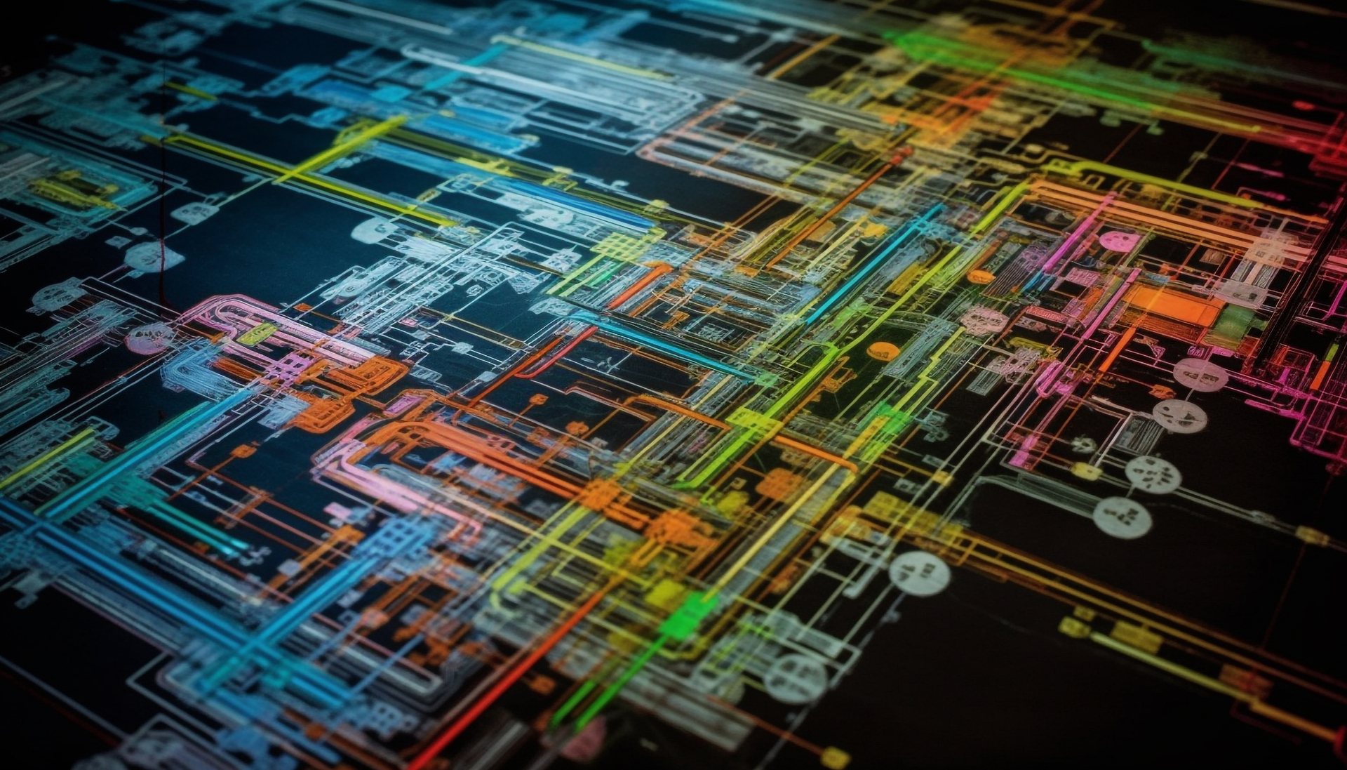 Colorful visualization of a data flow diagram, showcasing the intricate flow of data through a system with multiple processes.