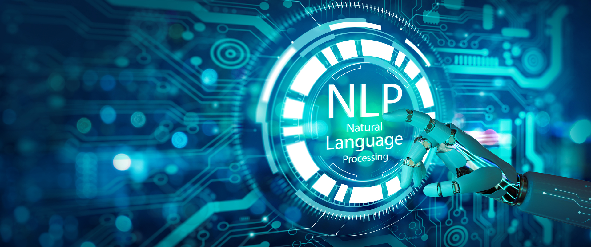 A robotic hand touches an "NLP" icon on a futuristic screen, symbolizing the use of Natural Language Processing in artificial intelligence.