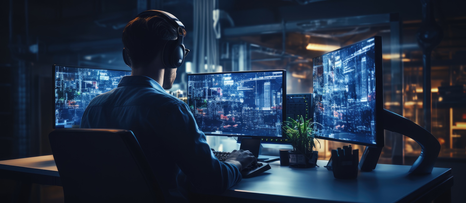 An IT developer is wireframing software on multiple screens, immersed in a futuristic digital interface. The dark, focused workspace highlights intricate designs and virtual elements on display.