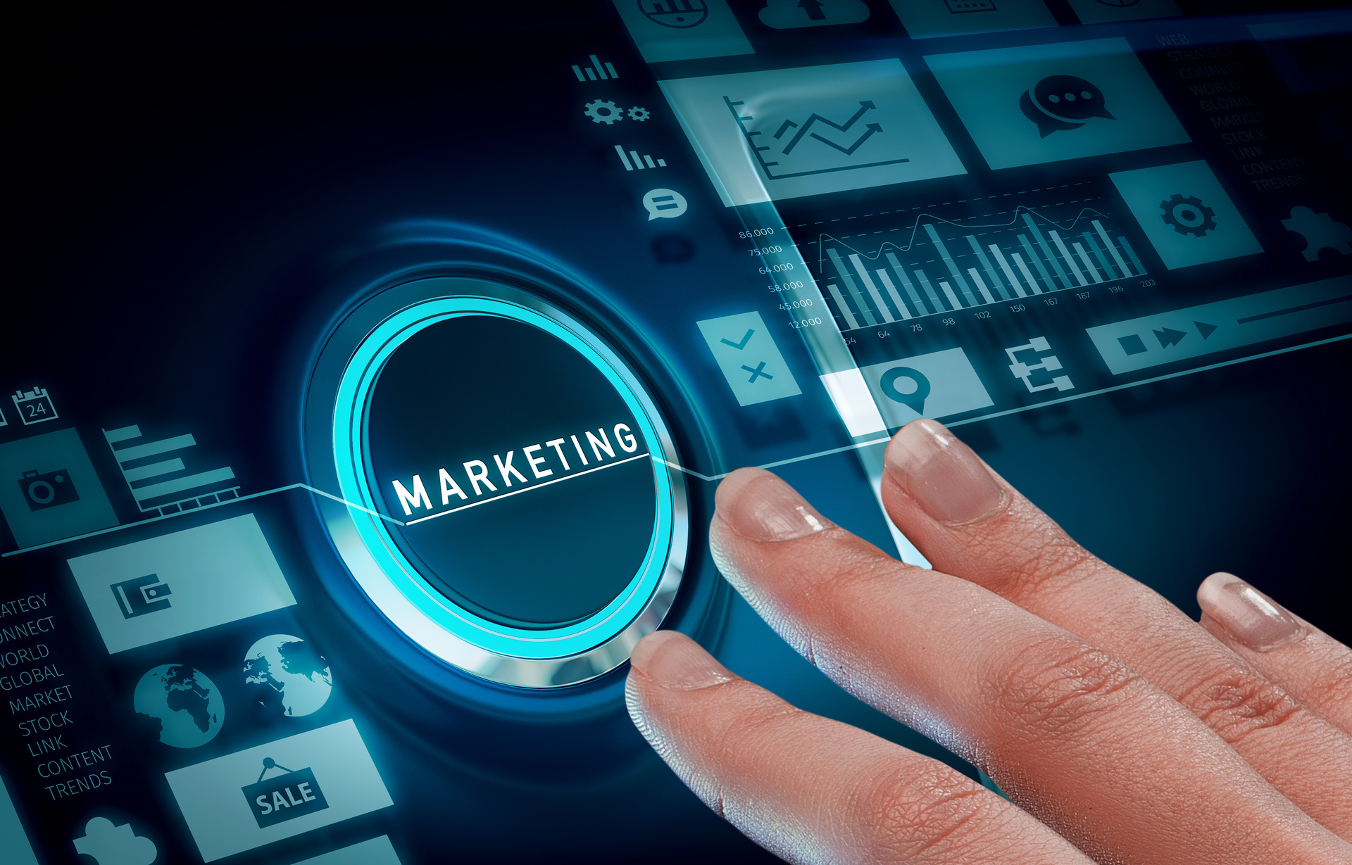 A hand hovers over a glowing "Marketing" button on a futuristic interface, surrounded by icons representing various marketing strategies.