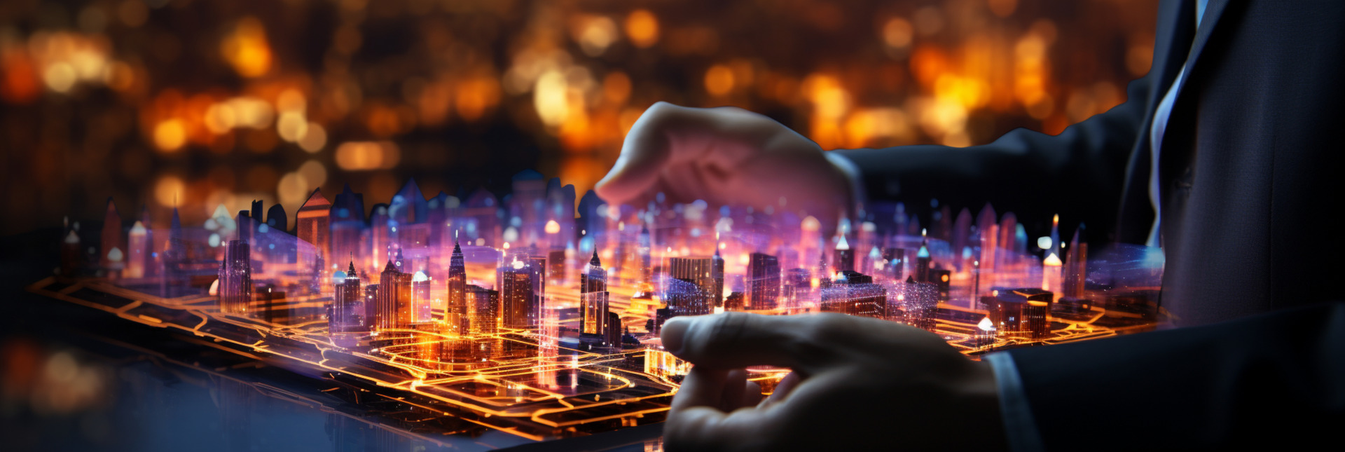 A businessman gestures over a futuristic cityscape, symbolizing the transformative impact of digital technology on the real estate industry.