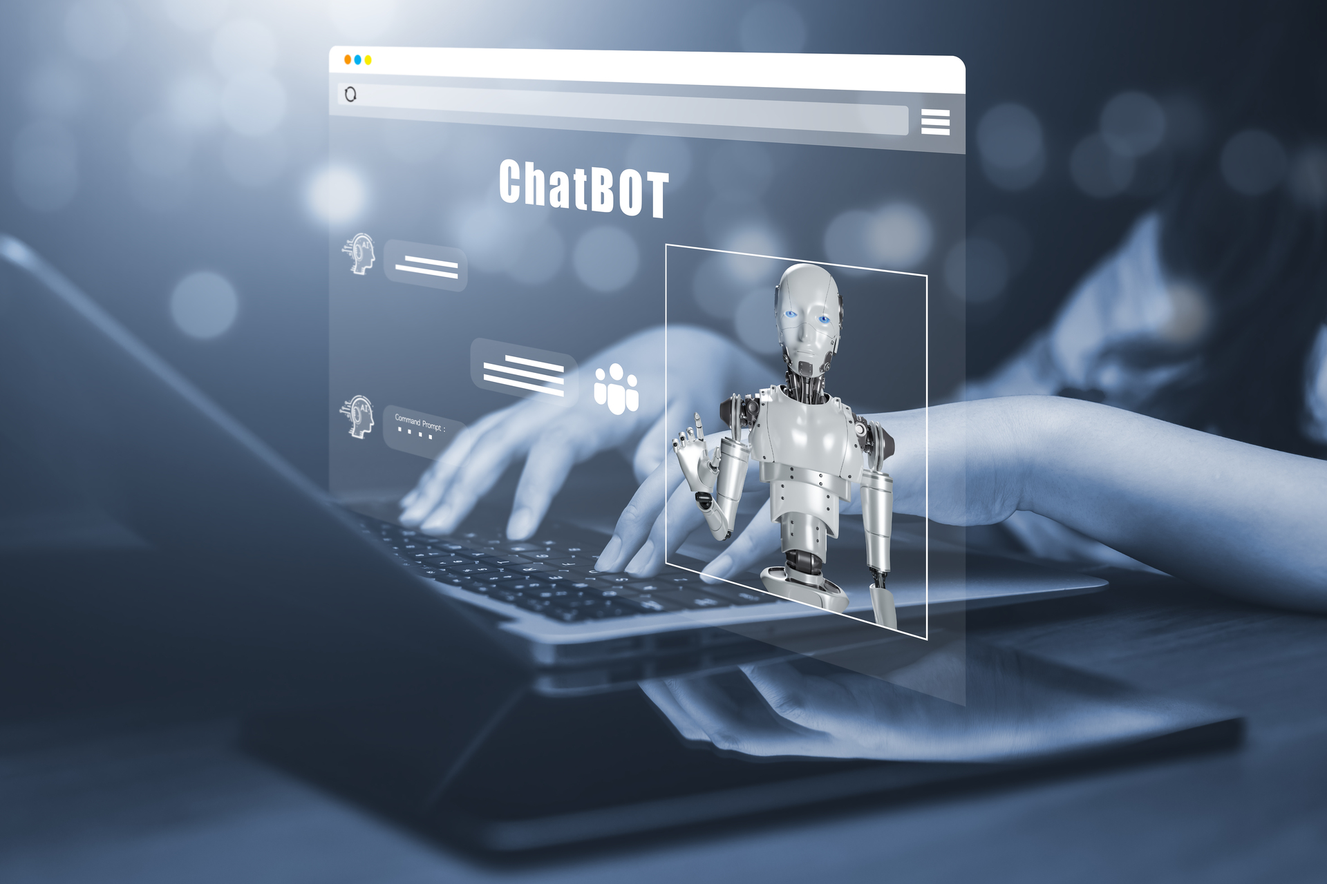 A person interacts with a healthcare chatbot on a laptop. The chatbot is represented by a friendly robot avatar.